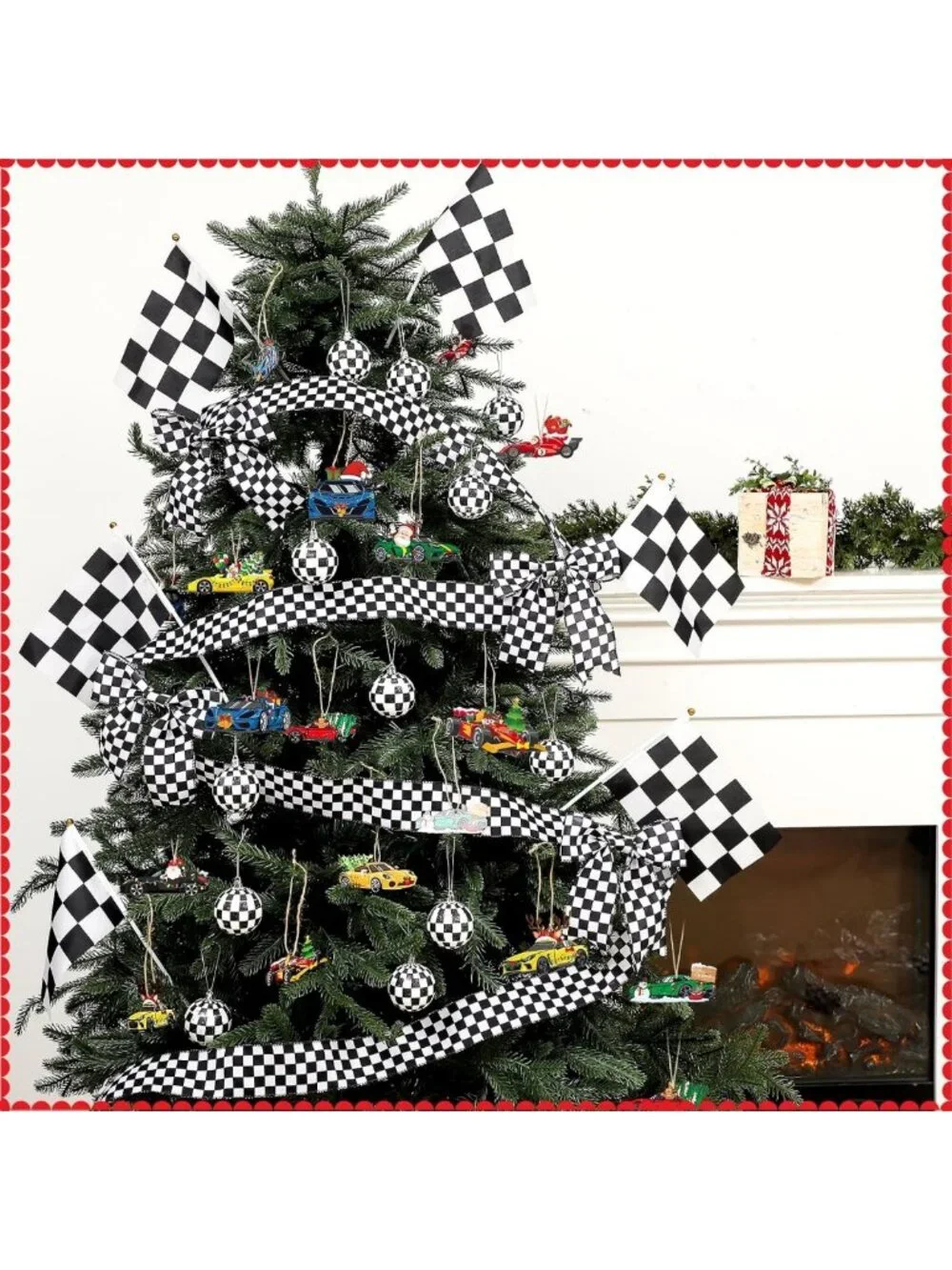 46 Pcs Black & White Race Car Christmas Tree Ornaments - Festive Holiday Decor